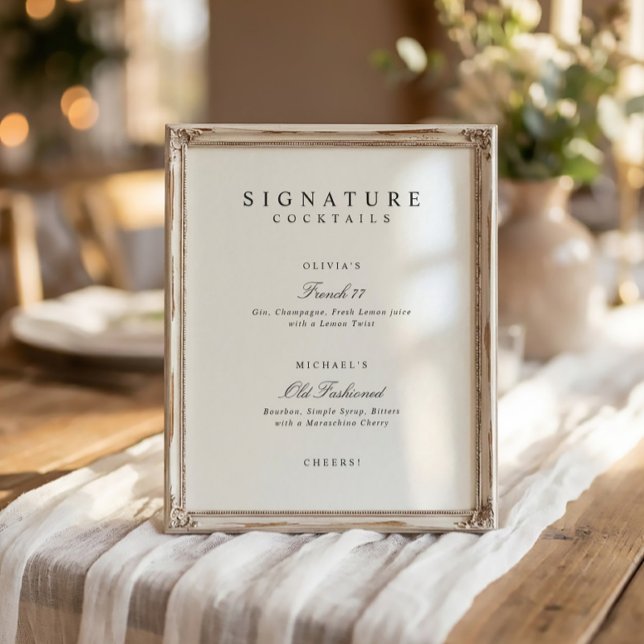 Signature Drinks Elegant Simple Wedding Bar Sign (Elegant black and white signature drinks wedding sign with simple script and minimalist design)