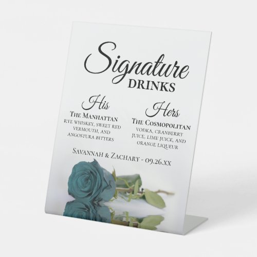 Signature Drinks Elegant Teal Rose Wedding Pedestal Sign