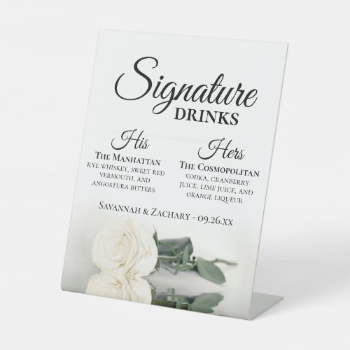 Signature Drinks Elegant White Rose Wedding Pedestal Sign
