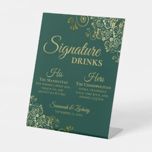 Signature Drinks Emerald Green & Gold Wedding Bar Pedestal Sign