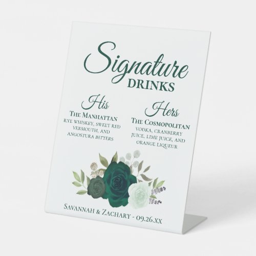 Signature Drinks Emerald Green Roses Wedding Pedestal Sign