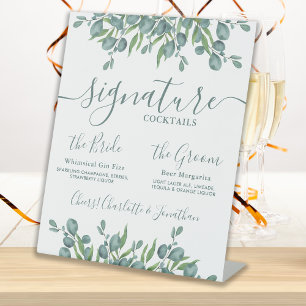 Signature Drinks Eucalyptus Personalized Wedding Pedestal Sign