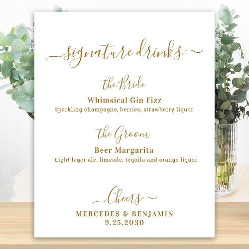 Signature Drinks Gold Personalized Wedding Bar Poster