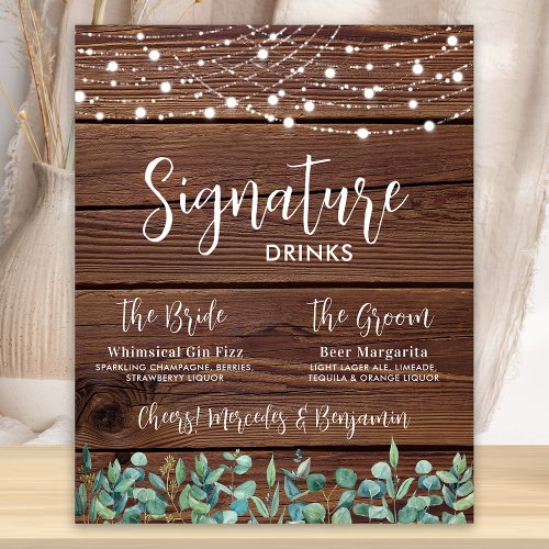 Signature Drinks Greenery String Lights Wedding  Poster