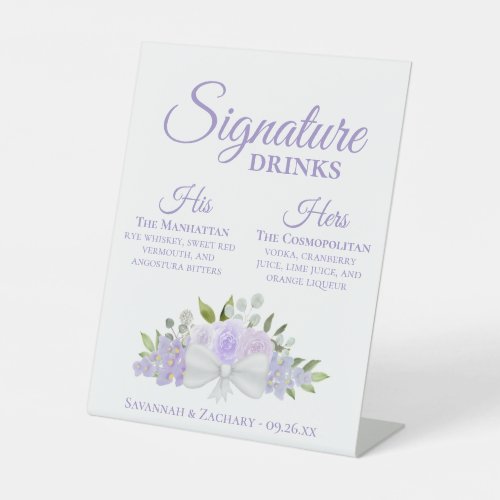 Signature Drinks Lavender Roses  Blossoms Wedding Pedestal Sign