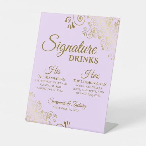 Signature Drinks Lilac Purple  Gold Wedding Bar Pedestal Sign