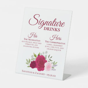 Signature Drinks Magenta & Pink Roses Wedding Pedestal Sign