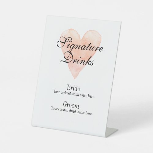 Signature drinks menu pink heart logo wedding pedestal sign