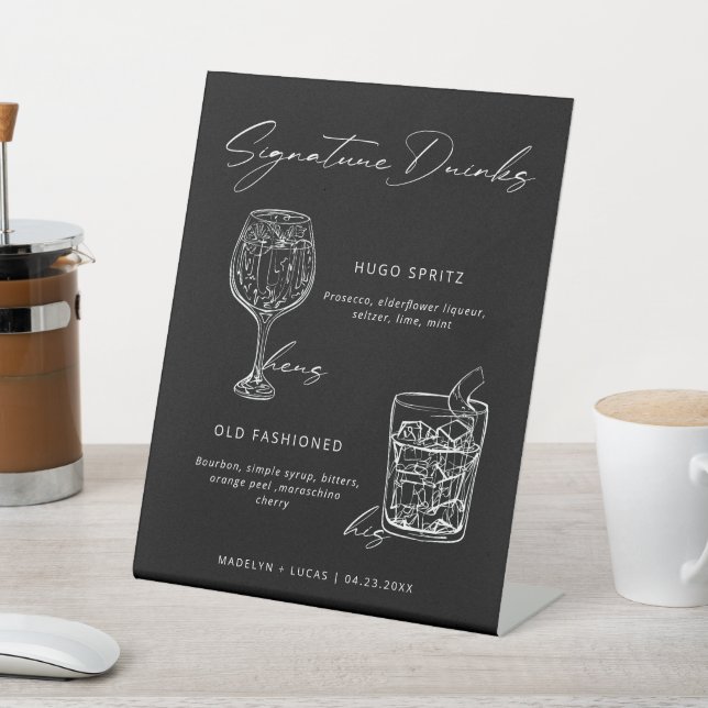 Signature Drinks Minimalist Black & White Pedestal Sign (In SItu)