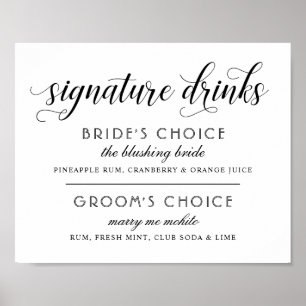 Signature Drinks Modern Black and White Wedding Poster