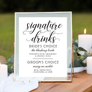 Signature Drinks Modern Black White Script Wedding Poster
