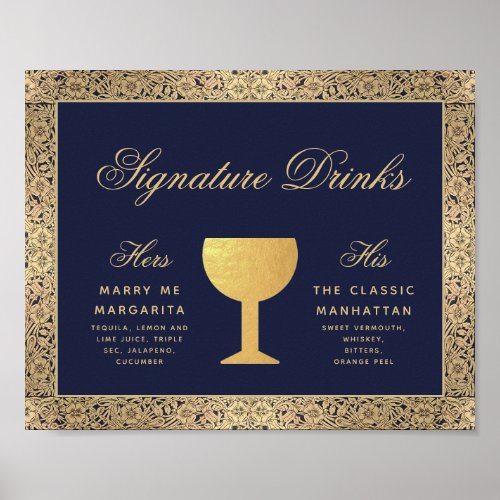 Signature Drinks Navy Blue Gold Roses Wedding Sign
