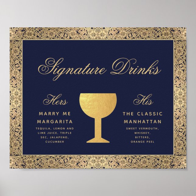 Signature Drinks Navy Blue Gold Roses Wedding Sign (Front)