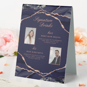 Signature Drinks Navy Rose Agate Wedding Photos Table Tent