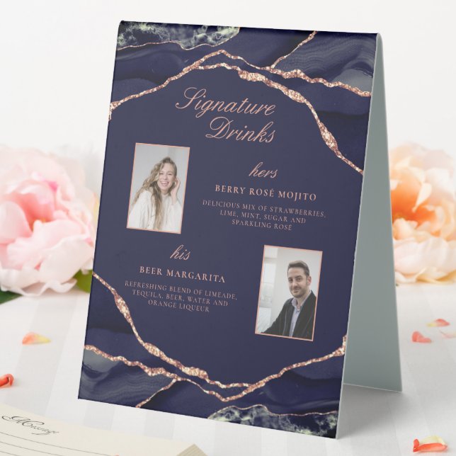 Signature Drinks Navy Rose Agate Wedding Photos Table Tent (In SItu (Wedding))
