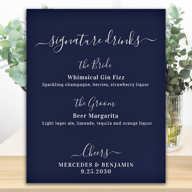 Signature Drinks Personalize Navy Blue Wedding Bar Foam Board (Creator Uploaded)
