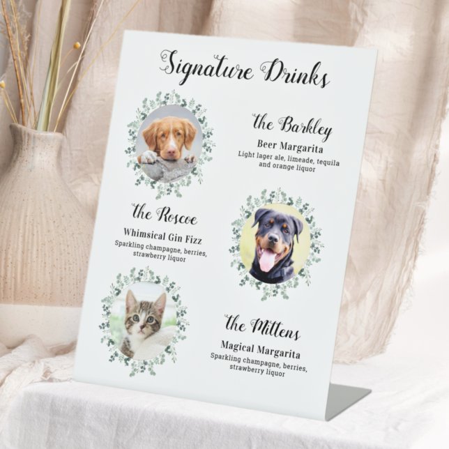 Signature Drinks Personalized 3 Photo Pet Wedding Pedestal Sign (Creator Uploaded)