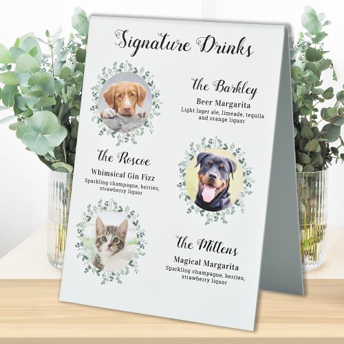 Signature Drinks Personalized 3 Photo Pet Wedding Table Tent Sign