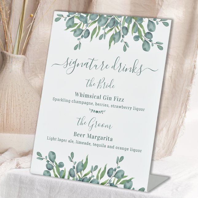 Signature Drinks Personalized Eucalyptus Wedding  Pedestal Sign (Creator Uploaded)