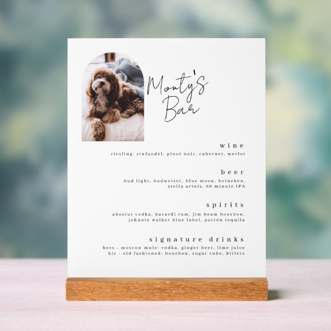 Signature Drinks Pet Bar Menu Acrylic Sign (Neutral)