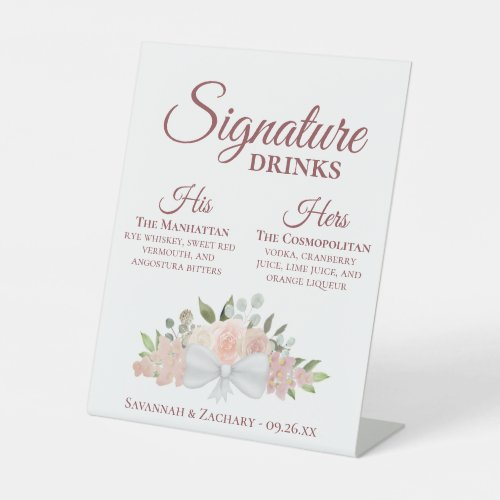 Signature Drinks Pink Roses  Blossoms Wedding Pedestal Sign