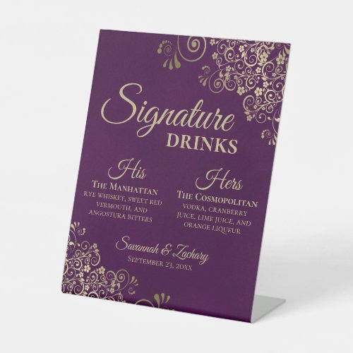 Signature Drinks Plum Purple  Gold Wedding Bar Pedestal Sign