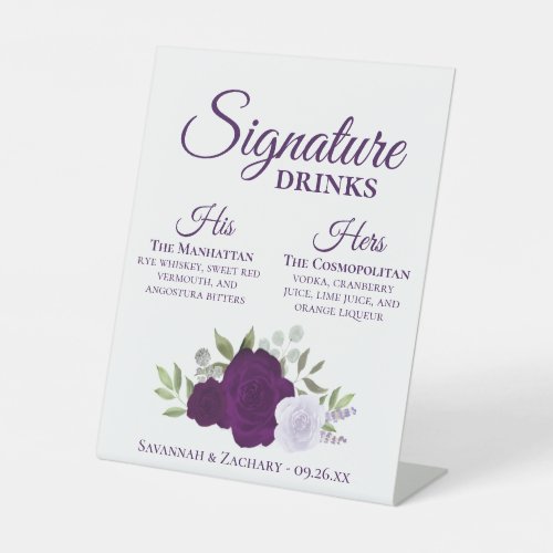 Signature Drinks Purple Watercolor Roses Wedding Pedestal Sign