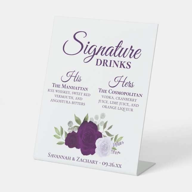 Signature Drinks Purple Watercolor Roses Wedding Pedestal Sign (Front)