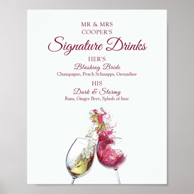 Signature Drinks Red and White Wine Dance Wedding Poster (Front)