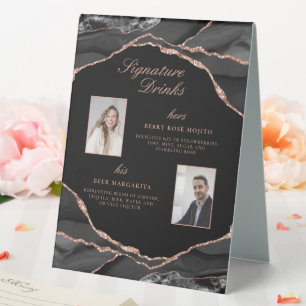 Signature Drinks Rose Gold Agate Wedding Photos Table Tent