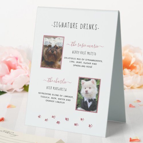 Signature Drinks Rose Gold Pet Wedding Photo Table Tent Sign