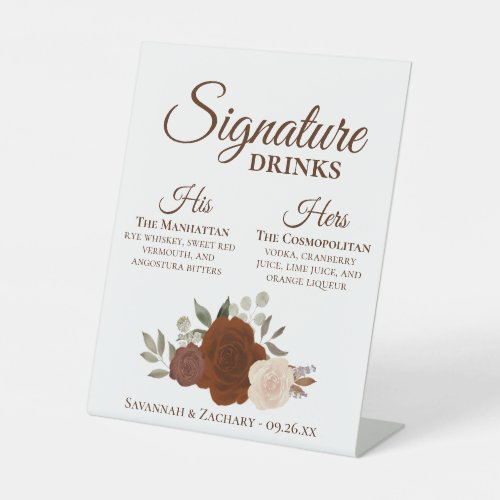 Signature Drinks Rust Orange Roses Wedding Pedestal Sign