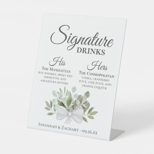 Signature Drinks Rustic Eucalyptus Bouquet Wedding Pedestal Sign