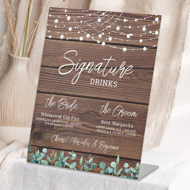 Signature Drinks String Lights Eucalyptus Wedding  Pedestal Sign (Creator Uploaded)