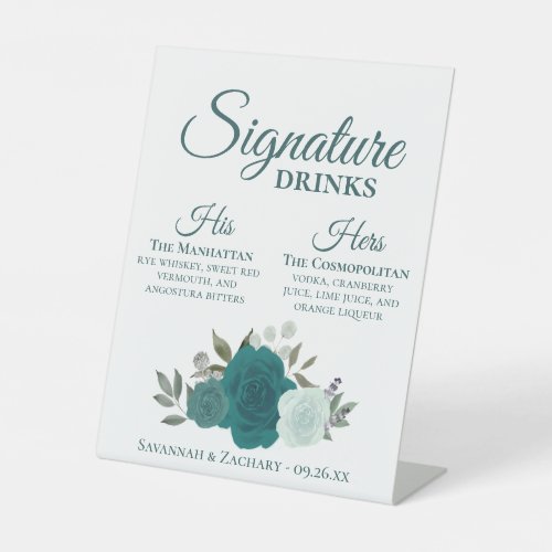 Signature Drinks Teal  Aqua Roses Wedding Pedestal Sign
