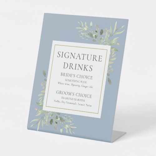 Signature Drinks Watercolor Greenery Dusty Blue Pedestal Sign