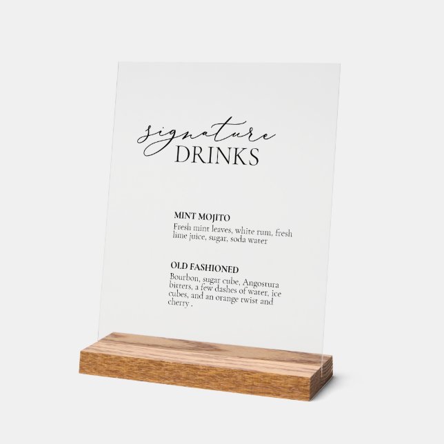 Signature Drinks Wedding Bar Acrylic Sign (Angle)