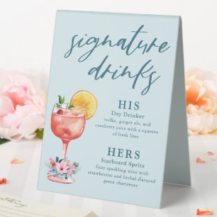 Signature Drinks Wedding Cocktail Light Blue Table Tent