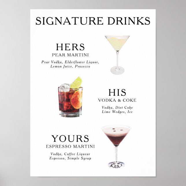 Signature Drinks Wedding Cocktail Menu Poster (Front)