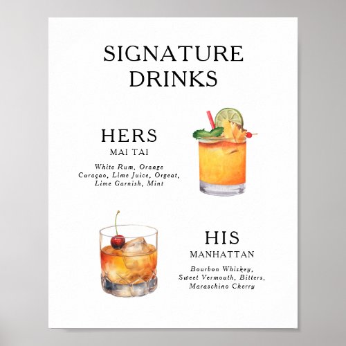 Signature Drinks Wedding Cocktail Menu Poster