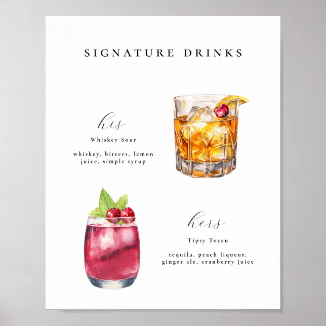 Signature Drinks Wedding Cocktails Poster | Zazzle