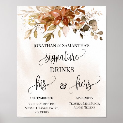 Signature Drinks Wedding Fall Autumn Eucalyptus Poster