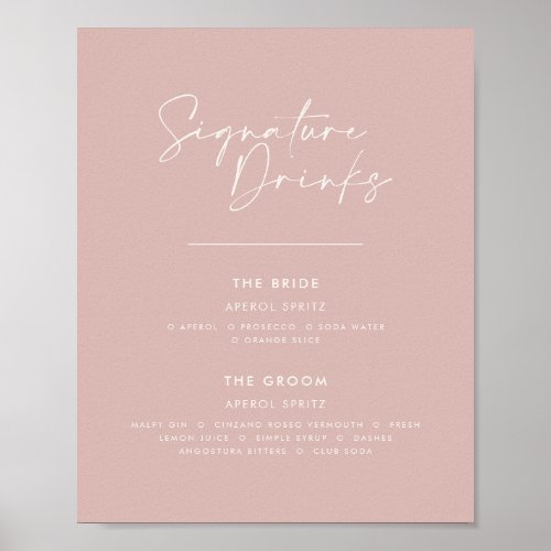 Signature drinks wedding modern minimal blush pink poster
