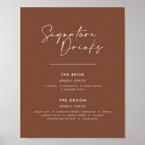 Signature drinks wedding modern minimal brown poster