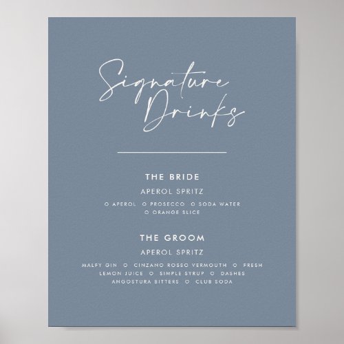 Signature drinks wedding modern minimal dusty blue poster