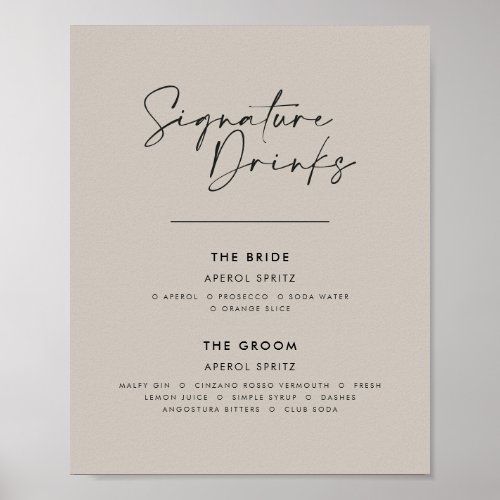 Signature drinks wedding modern minimal grey poster