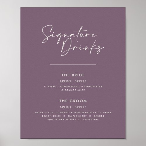 Signature drinks wedding modern minimal purple poster