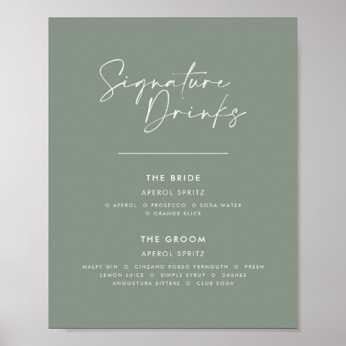 Signature drinks wedding modern minimal sage green poster