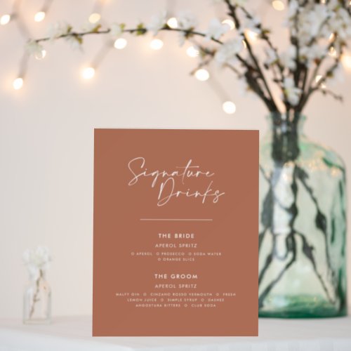 Signature drinks wedding modern minimal terracotta foam board