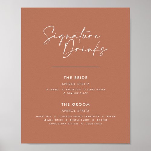 Signature drinks wedding modern minimal terracotta poster